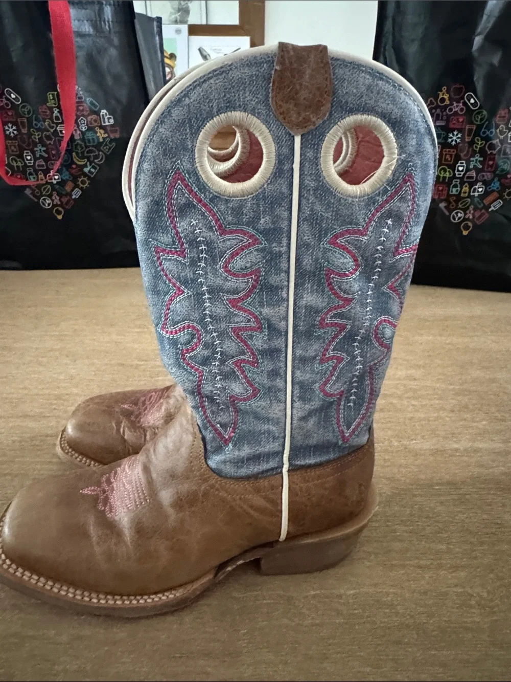 Roper Kids Brown Leather and Denim Pull-On Cowboy Boots with Pink Stitching